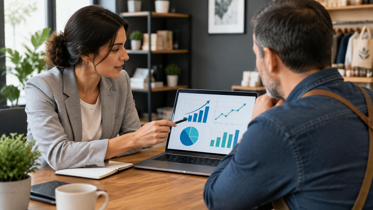 Consultante présentant des graphiques de croissance à un commerçant