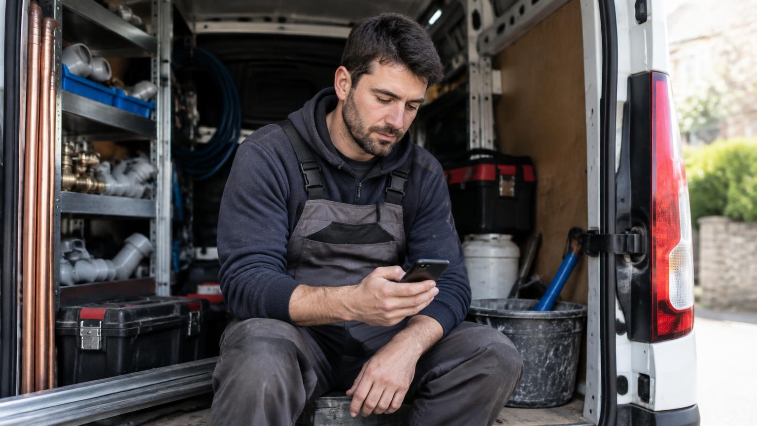 Artisan plombier assis dans sa camionnette regardant son téléphone