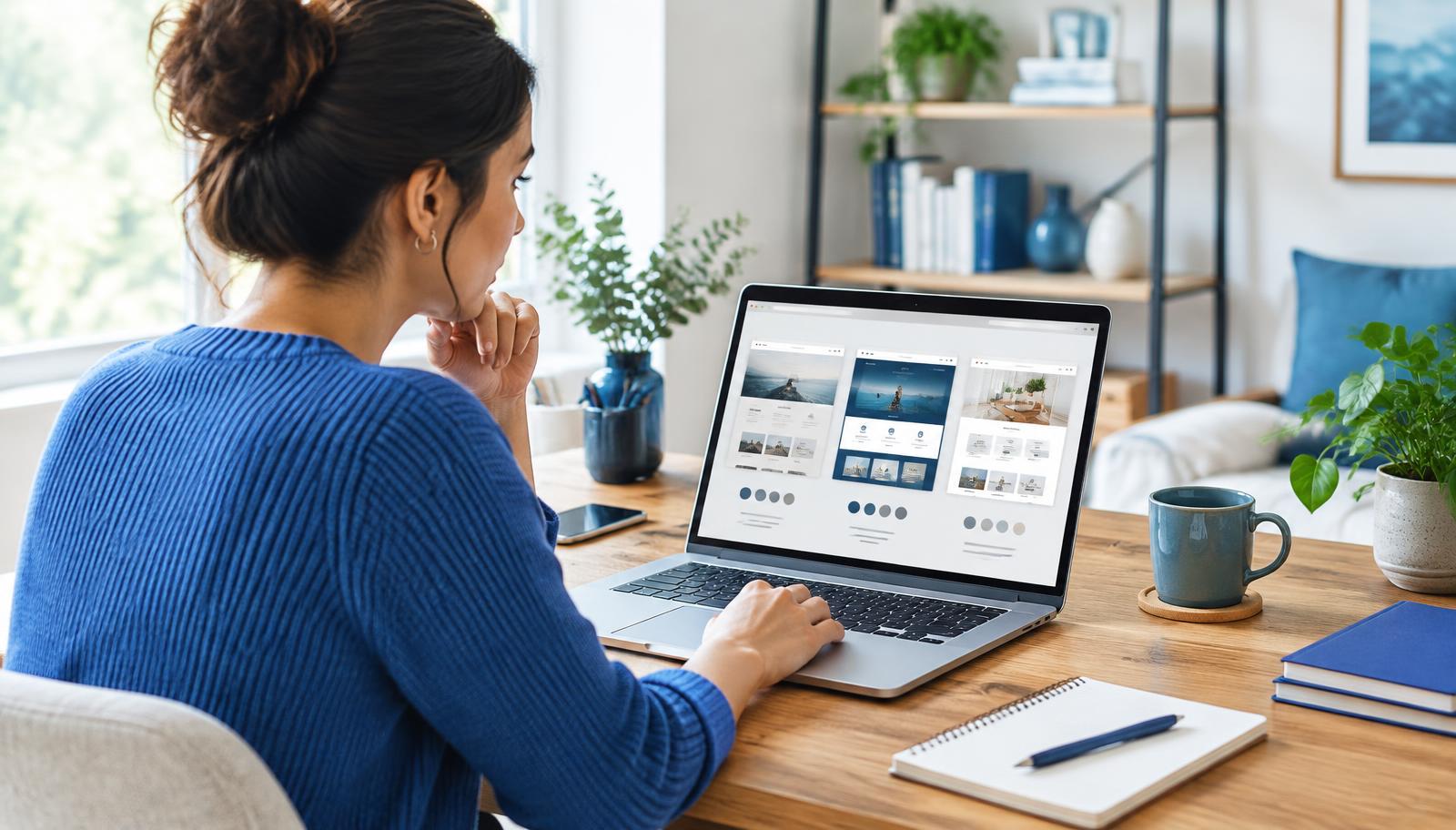 Entrepreneuse comparant plusieurs modèles de sites internet sur son ordinateur