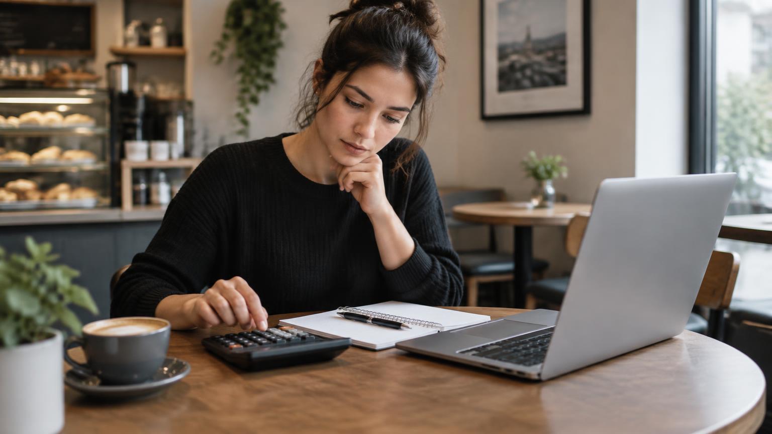 Entrepreneuse calculant le budget de son site internet dans un café