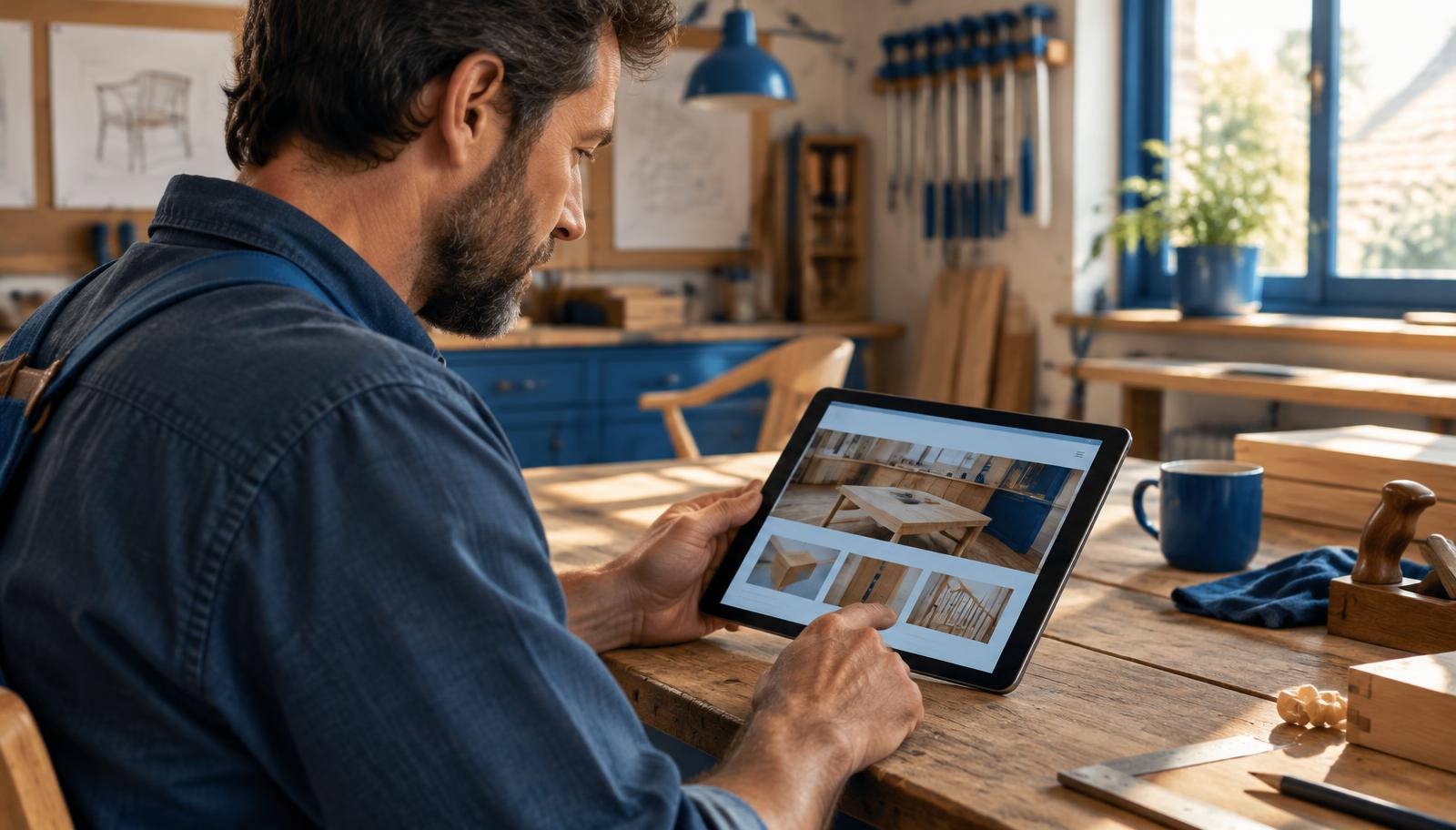 Artisan menuisier consultant son site internet sur une tablette dans son atelier