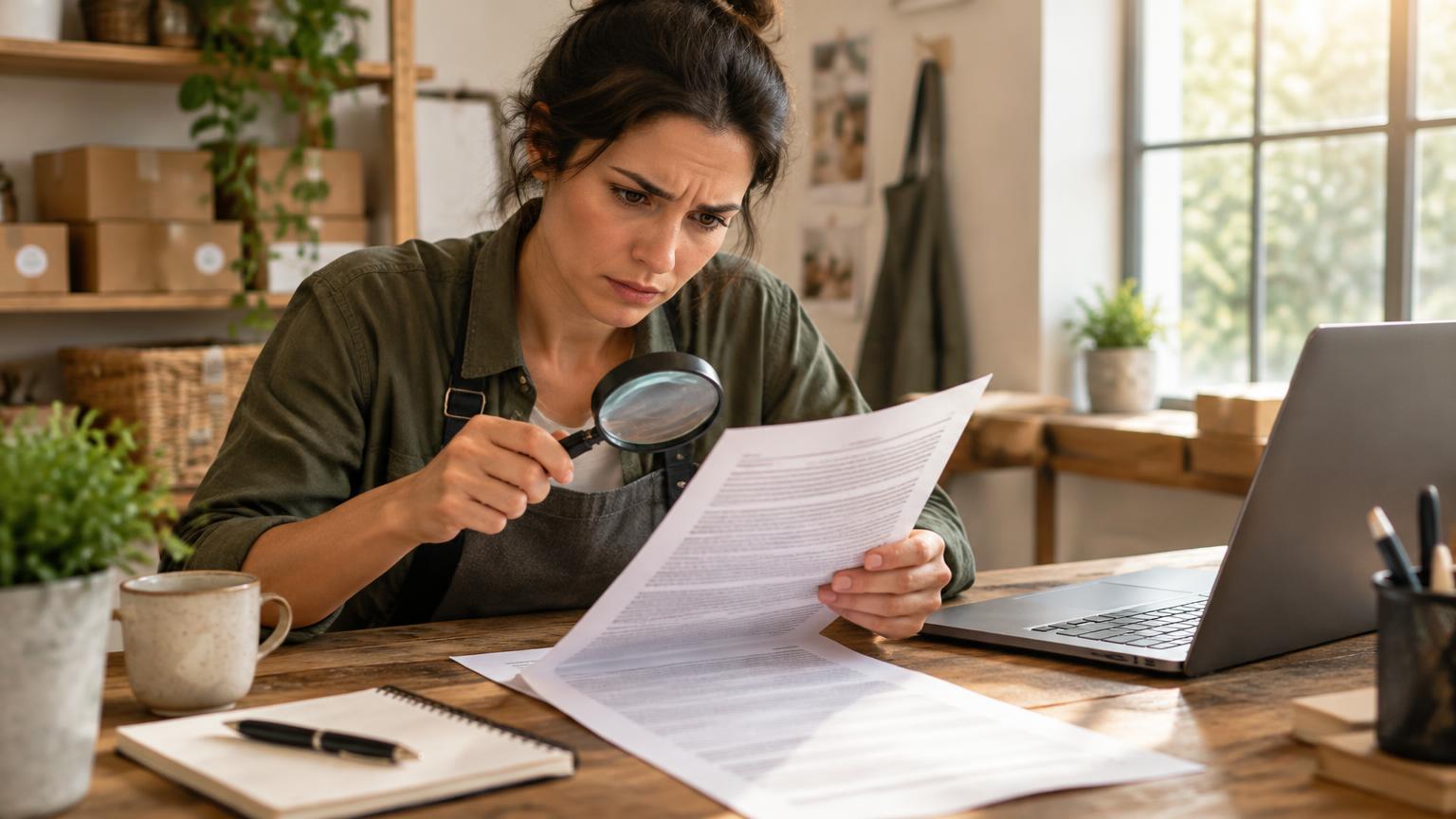 Commerçante examinant un contrat à la loupe à son bureau