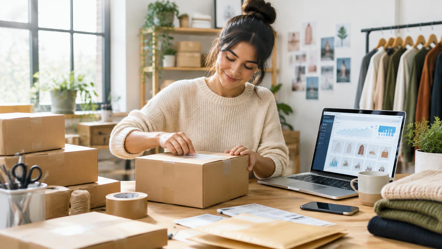 Commerçante préparant des colis pour sa boutique en ligne